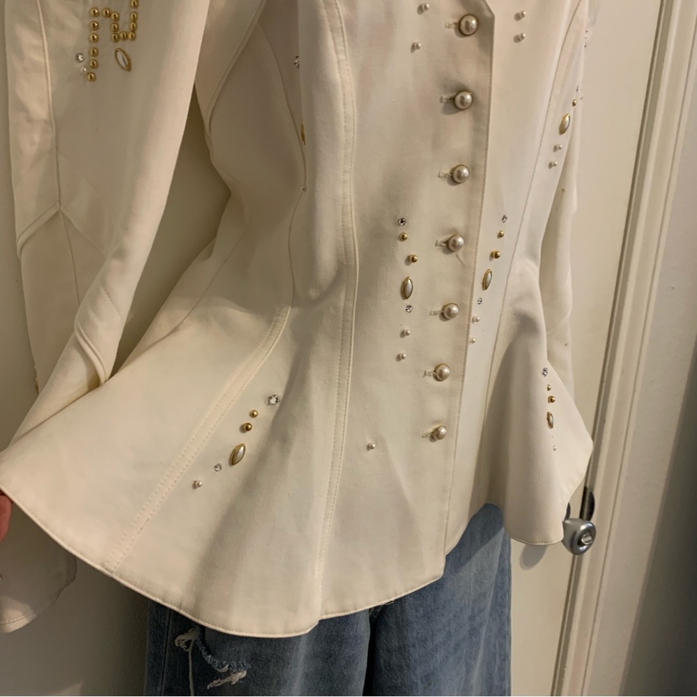 Ornate Vtg 80s luxury structured Ivory Peplum Blazer pearls rhinestones studs 12
